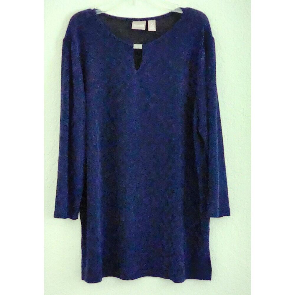 Top/Blouse-Chico's-Blue Metallic-Black-Long-Shimmer-3/4 Sleeves-Chico's Size 2/M